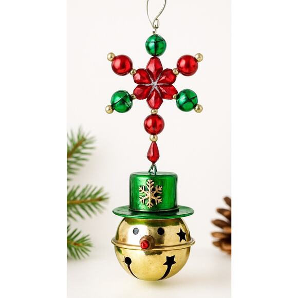 Pier 1 Jingle Bell Snowman Ornament Beaded Star Red Green Metal Christmas - Picture 1 of 8